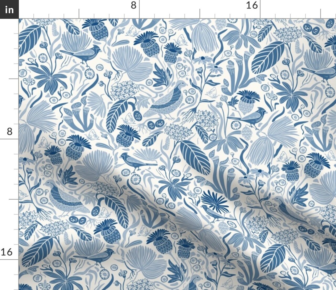 Blue Nature Birds Plant Cardinal Botanical Meadow Chintz Quail Southern Medium Scale Custom Printed Fabric by Spoonflower Various Fabrics by the Yard or Fat Quarter